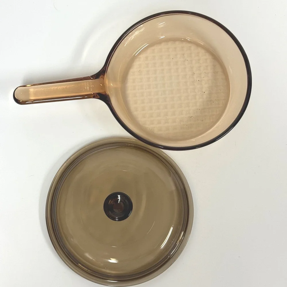 Vision Corning France Amber Glass Skillet Waffle Bottom with Lid 7 Inch Pan